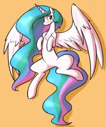 Size: 898x1080 | Tagged: safe, artist:whatsapokemon, derpibooru import, edit, princess celestia, alicorn, pony, chest fluff, explicit source, featureless crotch, female, from above, on back, orange background, simple background, solo, spread legs, spread wings, spreading, wings