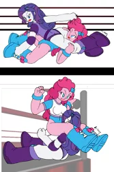 Size: 1280x1920 | Tagged: suggestive, artist:zkfanart, derpibooru import, pinkie pie, pony, breasts, bronco buster, clothes, faceful of ass, headscissors, leotard, reverse headscissors, thong leotard, wrestling, wrestling ring