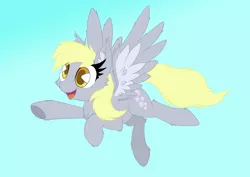 Size: 2000x1414 | Tagged: safe, artist:bigshot232, derpibooru import, derpy hooves, pony, cheek fluff, chest fluff, ear fluff, fluffy, flying, happy, simple background, smiling, solo, underhoof