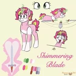 Size: 2000x2000 | Tagged: safe, artist:floofyfoxcomics, derpibooru import, oc, oc:shimmering blade, unofficial characters only, pony, spider, unicorn, arachnophobia, female, high res, magic, mare, reference sheet, scared, simple background, solo, sword, weapon, yellow background