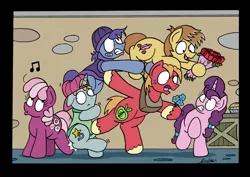 Size: 2458x1745 | Tagged: safe, artist:bobthedalek, derpibooru import, big macintosh, cheerilee, feather bangs, sugar belle, earth pony, pony, unicorn, hard to say anything, battle for sugar belle, implied cheerimac, implied shipping, implied straight, inconvenient, jealous, kicking, sabotage, sugar belle gets all the stallions, whistling