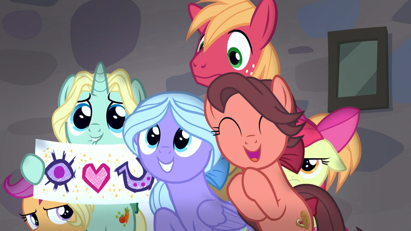 Size: 1920x1080 | Tagged: safe, derpibooru import, screencap, big macintosh, dear darling, fond feather, scootaloo, swoon song, earth pony, pony, hard to say anything, battle for sugar belle, bimbettes, fangirl, male, rebus, stallion