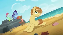 Size: 1920x1080 | Tagged: safe, derpibooru import, screencap, feather bangs, glamor trot, smooth vibes, stereo mix, pony, hard to say anything, background pony, backup dancers, battle for sugar belle, beach, bedroom eyes, heart, looking at you, love, male