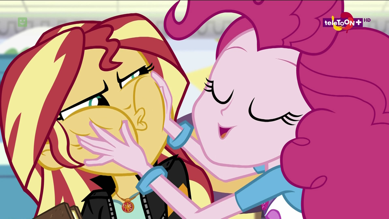 Size: 1920x1080 | Tagged: safe, derpibooru import, screencap, pinkie pie, sunset shimmer, equestria girls, mirror magic, spoiler:eqg specials, bracelet, eyes closed, faic, geode of empathy, geode of sugar bombs, jewelry, magical geodes, necklace, pendant, squishy cheeks, teletoon