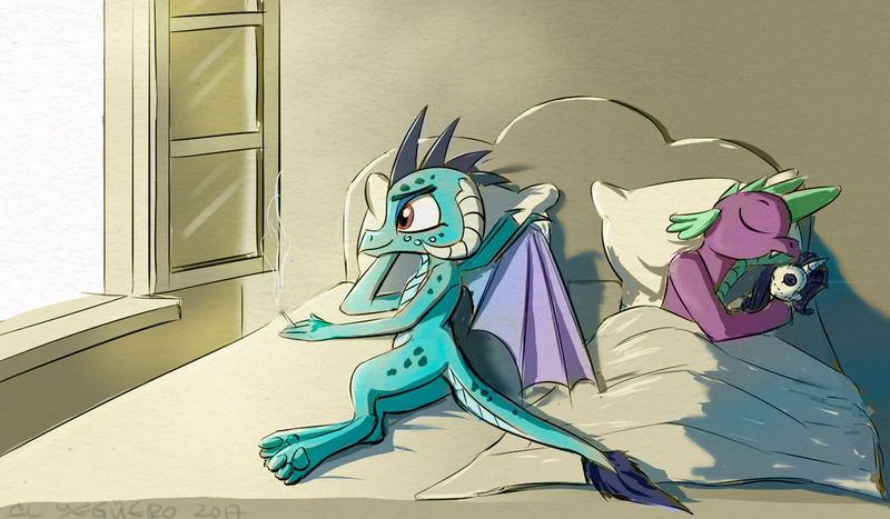 Size: 1106x645 | Tagged: afterglow, artist:el-yeguero, bed, cigarette, derpibooru import, dragon, emberspike, female, implied aftersex, male, morning after, older, paws, plushie, princess ember, rarity, rarity plushie, shipping, sleeping, spike, straight, suggestive