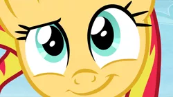 Size: 1280x720 | Tagged: safe, derpibooru import, edit, edited screencap, screencap, sunset shimmer, pony, the cutie re-mark, close-up, cute, dreamworks face, glimmerposting, raised eyebrow, shimmerposting, smiling, solo, subversion, subverted meme