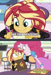 Size: 700x1028 | Tagged: suggestive, derpibooru import, edit, edited screencap, screencap, pinkie pie, sunset shimmer, equestria girls, mirror magic, spoiler:eqg specials, :t, and then they all fucked, caption, chair, eye contact, frown, image macro, implied sex, looking at each other, meme, sitting, smiling, table, vulgar, wide eyes, writing