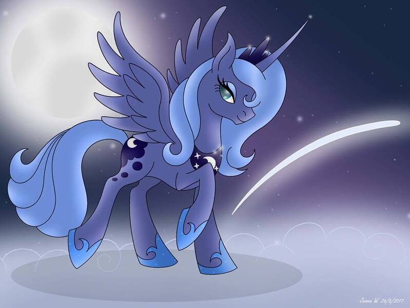 Size: 960x721 | Tagged: safe, artist:lavenderrain24, derpibooru import, princess luna, alicorn, pony, cloud, moon, night, raised hoof, s1 luna, smiling, solo, spread wings, stars, wings