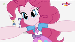 Size: 576x324 | Tagged: safe, derpibooru import, screencap, applejack, pinkie pie, rarity, sci-twi, twilight sparkle, equestria girls, mirror magic, spoiler:eqg specials, animated, breaking the fourth wall, geode of shielding, geode of sugar bombs, geode of super strength, gif, magical geodes, mirror, mirror world, simple background, white background
