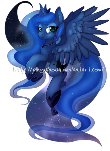 Size: 600x819 | Tagged: safe, artist:pingwinowa, derpibooru import, princess luna, alicorn, pony, flying, galaxy mane, looking at you, simple background, smiling, solo, spread wings, transparent background, watermark, wings