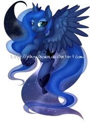 Size: 600x819 | Tagged: safe, artist:pingwinowa, derpibooru import, princess luna, alicorn, pony, flying, galaxy mane, looking at you, simple background, smiling, solo, spread wings, transparent background, watermark, wings