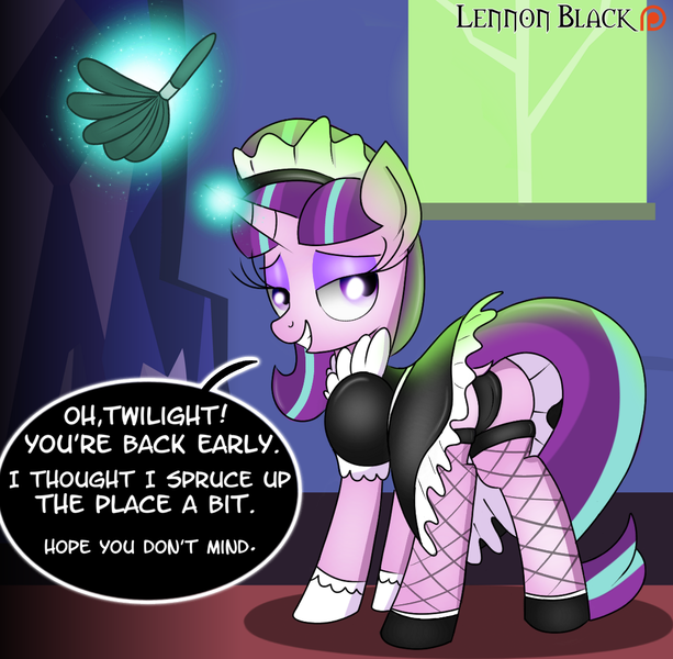 Size: 1024x1002 | Tagged: questionable, artist:lennonblack, derpibooru import, starlight glimmer, pony, adorasexy, ass, bedroom eyes, black underwear, cameltoe, clothes, cute, dress, duster, female, fishnets, glimmer glutes, glowing horn, implied lesbian, magic, maid, panties, patreon, patreon logo, plot, sexy, skirt, skirt lift, solo, solo female, speech, stockings, telekinesis, thigh highs, underwear, upskirt