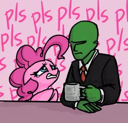 Size: 559x537 | Tagged: safe, artist:plunger, derpibooru import, pinkie pie, oc, oc:anon, earth pony, human, pony, 4chan, annoyed, begging, clothes, dialogue, drawthread, mug, necktie, pls, shirt, suit, teary eyes