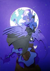 Size: 3000x4236 | Tagged: safe, artist:equestria-prevails, artist:jiuweidehuli, derpibooru import, princess luna, pony, absurd resolution, cloak, clothes, craft, looking back, moon, night, papercraft, sitting, solo, spread wings, stars, traditional art, wings