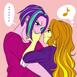 Size: 1000x1000 | Tagged: safe, artist:raika0306, derpibooru import, adagio dazzle, aria blaze, equestria girls, rainbow rocks, ..., adaria, alternate hairstyle, clothes, couple, cute, female, looking at each other, male, ouvertis grandioso, rule 63, shipping, simple background, smiling, straight, straight hair