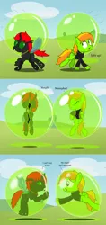 Size: 3800x8050 | Tagged: safe, artist:bladedragoon7575, derpibooru import, oc, oc:crypto, oc:jax, unofficial characters only, changeling, absurd resolution, bondage, bubble, changeling oc, comic, encasement, green changeling, in bubble, story included, trapped, worried