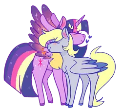 Size: 1280x1164 | Tagged: safe, artist:cubbybatdoodles, derpibooru import, derpy hooves, twilight sparkle, twilight sparkle (alicorn), alicorn, pony, blushing, colored wings, duo, duo female, eyes closed, female, heart, lesbian, neck hug, shipping, simple background, spread wings, transparent background, twerpy, wings