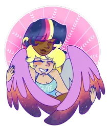 Size: 1280x1485 | Tagged: alicorn, artist:cubbybatdoodles, bae, blushing, clothes, colored wings, colored wingtips, dark skin, derpibooru import, derpy hooves, eyes closed, female, hug, human, humanized, lesbian, multicolored wings, nail polish, safe, shipping, simple background, smiling, tanktop, transparent background, twerpy, twilight sparkle, twilight sparkle (alicorn), winged humanization, winghug, wings