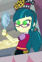 Size: 674x994 | Tagged: safe, derpibooru import, screencap, juniper montage, equestria girls, mirror magic, spoiler:eqg specials, cropped, food, glowing eyes, mirror, popcorn, solo