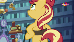 Size: 960x540 | Tagged: safe, derpibooru import, edit, screencap, sunset shimmer, pony, unicorn, equestria girls, mirror magic, spoiler:eqg specials, anatomically incorrect, animated, belt, bipedal, book, covering, cute, female, gif, hooves on hips, in the human world for too long, incorrect leg anatomy, library, looking up, loop, mare, plot, portal, shimmerbetes, shy, smiling, solo, teletoon, twilight's castle, we don't normally wear clothes