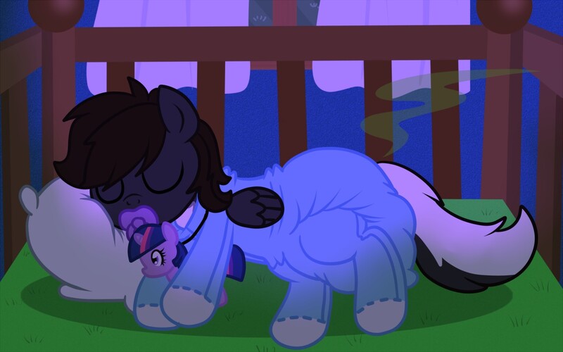 Size: 1280x800 | Tagged: questionable, artist:fillyscoots42, derpibooru import, twilight sparkle, oc, oc:jimpy, unofficial characters only, pony, skunk, skunk pony, adult foal, crib, diaper, diaper fetish, fetish, footed sleeper, messy diaper, pacifier, plushie, poofy diaper, poop, poopy diaper, sleeping, smelly, solo