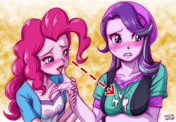 Size: 1200x837 | Tagged: suggestive, artist:uotapo, derpibooru import, pinkie pie, starlight glimmer, equestria girls, mirror magic, spoiler:eqg specials, blushing, breasts, eyes on the prize, female, food, glimmerpie, ice cream, lesbian, licking, shipping, tongue out
