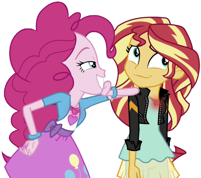 Size: 1153x1024 | Tagged: safe, derpibooru import, edit, pinkie pie, sunset shimmer, equestria girls, mirror magic, spoiler:eqg specials, clothes, geode of empathy, geode of sugar bombs, implying, jewelry, lidded eyes, magical geodes, mirror world, necklace, not a vector, pendant, simple background, smiling, transparent background