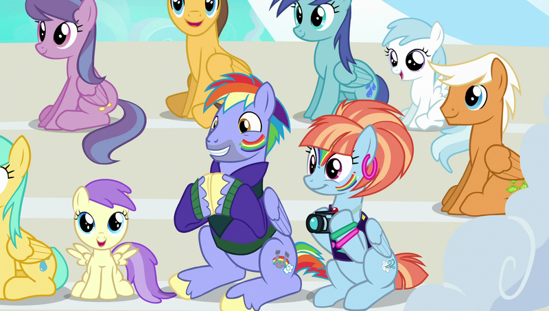 Size: 1920x1090 | Tagged: safe, derpibooru import, screencap, alula, blue october, blueberry muffin, bow hothoof, cotton cloudy, emerald green, green gem, sunshower raindrops, unnamed pony, velvet light, windy whistles, pegasus, pony, parental glideance, 80s hair, 80s windy whistles, background pony, female, male, mare, rainbow dash's parents, stallion