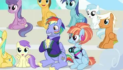 Size: 1920x1090 | Tagged: safe, derpibooru import, screencap, alula, blue october, blueberry muffin, bow hothoof, cotton cloudy, emerald green, green gem, sunshower raindrops, unnamed pony, velvet light, windy whistles, pegasus, pony, parental glideance, 80s hair, 80s windy whistles, background pony, female, male, mare, rainbow dash's parents, stallion