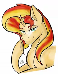 Size: 900x1157 | Tagged: safe, artist:lyx-d, derpibooru import, sunset shimmer, pony, unicorn, female, mare, raised hoof, simple background, smiling, smirk, solo, underhoof