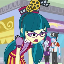 Size: 1073x1079 | Tagged: safe, derpibooru import, screencap, juniper montage, mystery mint, ringo, equestria girls, mirror magic, spoiler:eqg specials, background human, boots, clothes, cropped, female, glasses, hat, male, pigtails, scarf, shoes, skirt