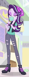 Size: 265x701 | Tagged: safe, derpibooru import, screencap, starlight glimmer, equestria girls, mirror magic, spoiler:eqg specials, animated, beanie, boots, clothes, cropped, cute, eyes closed, female, food, gif, glimmerbetes, hand on hip, hat, ice cream, licking, perfect loop, ripped pants, shoes, solo, that human sure does love ice cream, vest, watch, wristwatch