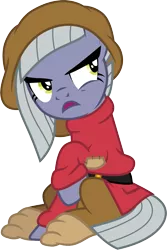 Size: 1501x2242 | Tagged: safe, artist:cloudyglow, derpibooru import, limestone pie, earth pony, pony, clothes, clothes swap, cosplay, costume, crossover, disney, female, grumpy (dwarf), mare, open mouth, simple background, sitting, snow white and the seven dwarfs, solo, transparent background