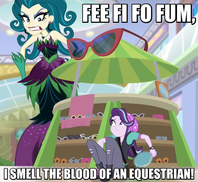 Size: 1004x926 | Tagged: safe, derpibooru import, screencap, juniper montage, starlight glimmer, equestria girls, mirror magic, spoiler:eqg specials, giantess, image macro, jack and the beanstalk, juniper monstar, lipstick, macro, meme