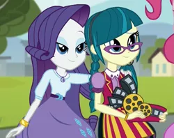 Size: 1083x859 | Tagged: safe, derpibooru import, screencap, juniper montage, pinkie pie, rarity, equestria girls, mirror magic, spoiler:eqg specials, bedroom eyes, braid, clothes, cropped, cute, female, geode of shielding, glasses, hat, junibetes, magical geodes, skirt