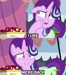 Size: 686x768 | Tagged: safe, derpibooru import, edit, edited screencap, screencap, starlight glimmer, pony, unicorn, rock solid friendship, caption, discovery family logo, exploitable meme, image macro, meme, nickelback, solo, starlight's confessions