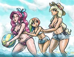 Size: 1000x778 | Tagged: applejack, artist:king-kakapo, beach ball, belly button, bikini, body freckles, bow, breasts, chubby, clothes, daisy dukes, derpibooru import, female, females only, freckles, hair bow, human, human female, humanized, pinkie pie, rainbow dash, redraw, shorts, suggestive, swimsuit, wet