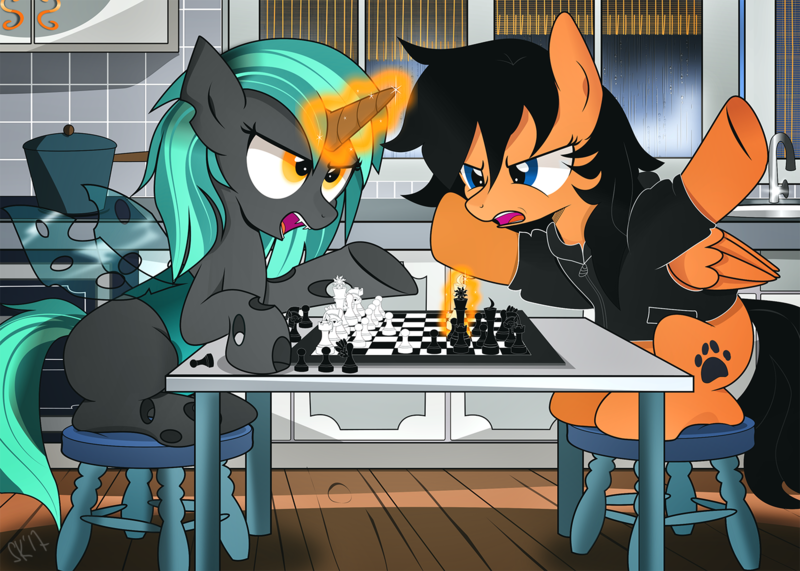 Size: 1498x1070 | Tagged: safe, artist:dsana, derpibooru import, oc, oc:orange glow, oc:plush ramen, unofficial characters only, changeling, hybrid, pegasus, pony, chess, chessboard, clothes, commission, female, glow, glowing horn, hoodie, kitchen, levitation, magic, mare, sink, table, telekinesis, window