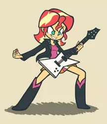 Size: 950x1100 | Tagged: safe, artist:khuzang, derpibooru import, sunset shimmer, equestria girls, boots, clothes, electric guitar, female, guitar, hilarious in hindsight, shoes, simple background, skirt, smiling, solo, sunset shredder