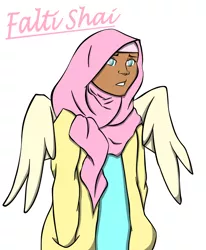 Size: 1280x1557 | Tagged: artist:wordsandpunctuation, dark skin, derpibooru import, fluttershy, hijab, human, humanized, islam, islamashy, safe, simple background, solo, white background, winged humanization, wings