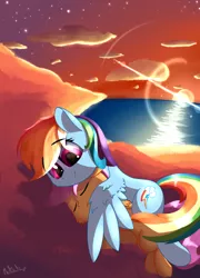 Size: 1800x2500 | Tagged: safe, artist:a8f12, derpibooru import, rainbow dash, scootaloo, pony, cloud, cuddling, female, hug, night, night sky, protecting, protection, scootalove, sisters, spread wings, stars, sunset, water, winghug, wings