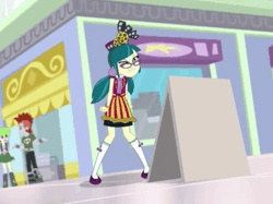 Size: 386x288 | Tagged: safe, derpibooru import, screencap, cherry crash, juniper montage, equestria girls, mirror magic, spoiler:eqg specials, angry, animated, background human, boots, clothes, female, gif, glasses, male, poster, shoes, socks, tantrum
