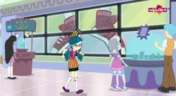 Size: 987x540 | Tagged: safe, derpibooru import, screencap, bright idea, juniper montage, octavia melody, silver spoon, equestria girls, mirror magic, spoiler:eqg specials, boots, clothes, female, flats, glasses, male, shoes, skirt, socks, teletoon, television