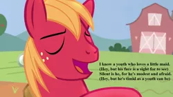 Size: 1280x720 | Tagged: big macintosh, derpibooru import, edit, edited screencap, gilbert and sullivan, hard to say anything, lyrics, ruddigore, safe, screencap, solo, song reference, text