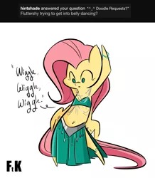 Size: 1468x1683 | Tagged: safe, artist:fluttershythekind, derpibooru import, fluttershy, pony, ankle bracelet, ask, belly button, belly dancer, bipedal, bracelet, clothes, cute, dancing, jewelry, midriff, simple background, skirt, solo, tumblr, white background, wiggle