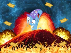 Size: 1002x745 | Tagged: safe, artist:memorible, derpibooru import, trixie, pony, unicorn, female, filly, mare, solo, tickets, volcano