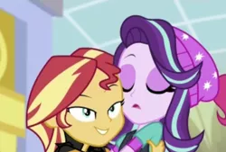 Size: 998x676 | Tagged: safe, derpibooru import, screencap, pinkie pie, starlight glimmer, sunset shimmer, equestria girls, mirror magic, spoiler:eqg specials, beanie, clothes, faic, hat, hug, out of context, teletoon