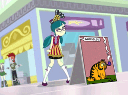 Size: 386x288 | Tagged: safe, derpibooru import, edit, edited screencap, screencap, cherry crash, juniper montage, cat, equestria girls, mirror magic, spoiler:eqg specials, angry, animated, background human, funny, garfield, gif, meme, now where could my pipe be, pipe, poster, smoking, that human sure does hate signs