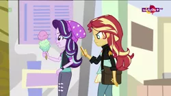 Size: 1920x1080 | Tagged: safe, derpibooru import, screencap, starlight glimmer, sunset shimmer, equestria girls, mirror magic, spoiler:eqg specials, bag, beanie, clothes, food, hat, ice cream, messy eating, phone, teletoon, that human sure does love ice cream, watch