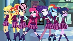 Size: 1024x576 | Tagged: safe, artist:lyricgemva, artist:mixiepie, artist:themexicanpunisher, derpibooru import, applejack, fluttershy, pinkie pie, rainbow dash, rarity, sci-twi, sunset shimmer, twilight sparkle, equestria girls, alternate hairstyle, alternate universe, boots, clothes, crystal prep academy, crystal prep academy uniform, crystal prep shadowbolts, emoshy, freckles, glasses, headphones, school uniform, shadowbolt dash, shoes, skirt, socks